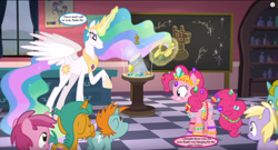 Size: 1250x675 | Tagged: safe, edit, edited screencap, screencap, character:dinky hooves, character:pinkie pie, character:princess celestia, character:ruby pinch, character:snails, character:snips, character:sun glimmer, chalkboard, cropped, dialogue, fundamentals of magic✨ w/ princess celestia, implied rarity, jewelry, princess celestia's school for gifted unicorns, speech bubble, text, youtube screencap