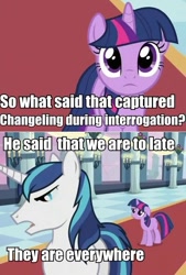 Size: 463x683 | Tagged: safe, edit, edited screencap, screencap, character:shining armor, character:twilight sparkle, species:changeling, episode:a canterlot wedding, g4, my little pony: friendship is magic, deep space nine, ds9, duo, engrish, floppy ears, star trek