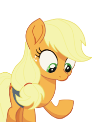 Size: 295x357 | Tagged: safe, edit, edited screencap, screencap, character:applejack, species:earth pony, species:pony, my little pony: the movie (2017), background removed, cute, female, freckles, hatless, jackabetes, looking at something, looking down, mare, missing accessory, raised hoof, silly, silly pony, simple background, solo, transparent background