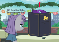 Size: 740x534 | Tagged: safe, edit, edited screencap, screencap, character:maud pie, character:starlight glimmer, episode:the gift of the maud pie, g4, my little pony: friendship is magic, caught, exclamation point, menu, starlight stalker
