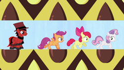 Size: 1280x720 | Tagged: safe, edit, edited screencap, screencap, character:apple bloom, character:scootaloo, character:sweetie belle, oc, oc:toonkriticy2k, species:pegasus, species:pony, episode:one bad apple, g4, my little pony: friendship is magic, brony analyst, cutie mark crusaders, drama, drama bait, female, filly, red and black oc, toongate, watch out