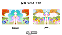 Size: 1920x1080 | Tagged: safe, edit, edited screencap, screencap, character:bon bon, character:carrot top, character:dizzy twister, character:golden harvest, character:minuette, character:orange swirl, character:princess celestia, character:sea swirl, character:spring melody, character:sprinkle medley, character:sweetie drops, character:twinkleshine, species:alicorn, species:pony, episode:fall weather friends, g4, my little pony: friendship is magic, bowing, shitposting, unitinu, who would win