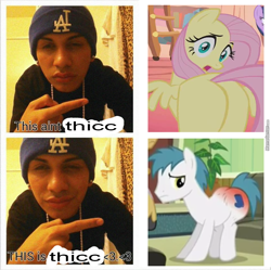 Size: 960x956 | Tagged: safe, edit, edited screencap, screencap, character:fluttershy, episode:bridle gossip, episode:leap of faith, g4, my little pony: friendship is magic, irl, literal butthurt, photo, plot, shitposting, thick