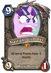 Size: 400x569 | Tagged: safe, edit, edited screencap, screencap, character:starlight glimmer, angry, card, drama, hearthstone, joke, legendary, op is a duck, open mouth, parody, quite, starlight drama, teeth, useless, warcraft, worst pony