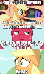 Size: 480x803 | Tagged: safe, edit, edited screencap, screencap, character:applejack, character:big mcintosh, species:earth pony, species:pony, episode:the super speedy cider squeezy 6000, g4, my little pony: friendship is magic, comic, floppy ears, male, screencap comic, serious mac, stallion, truth