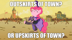 Size: 977x550 | Tagged: safe, edit, edited screencap, screencap, character:pinkie pie, species:earth pony, species:pony, episode:over a barrel, g4, my little pony: friendship is magic, bipedal, caption, clothing, dancing, female, fishnets, image macro, mare, meme, saloon dress, saloon pinkie, skirt, solo, upskirt