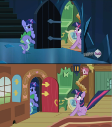 Size: 854x960 | Tagged: safe, edit, edited screencap, screencap, character:spike, character:twilight sparkle, episode:a bird in the hoof, episode:the crystal empire, g4, my little pony: friendship is magic, exploitable meme, hub logo, meme, the scary door, time paradox