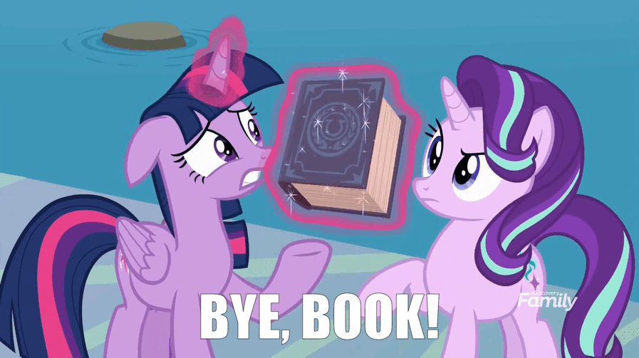 Size: 897x503 | Tagged: safe, edit, edited screencap, screencap, character:starlight glimmer, character:twilight sparkle, character:twilight sparkle (alicorn), species:alicorn, species:pony, species:unicorn, episode:school daze, g4, my little pony: friendship is magic, animated, book, book abuse, caption, discovery family logo, eea rulebook, fuck your rulebook, glowing horn, magic, mcbain, simpsons did it, slap, spread wings, telekinesis, the simpsons, water, wingboner, wings