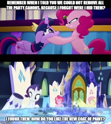 Size: 500x560 | Tagged: safe, edit, edited screencap, screencap, character:fluttershy, character:pinkie pie, character:rarity, character:twilight sparkle, character:twilight sparkle (alicorn), species:alicorn, species:earth pony, species:pony, species:unicorn, episode:castle sweet castle, episode:school daze, g4, my little pony: friendship is magic, my little pony: the movie (2017), consequences, continuity, party cannon, squishy cheeks