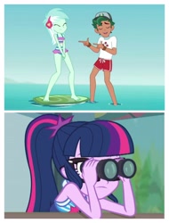 Size: 3106x4096 | Tagged: safe, edit, edited screencap, screencap, character:lyra heartstrings, character:timber spruce, character:twilight sparkle, character:twilight sparkle (scitwi), species:eqg human, episode:turf war, episode:unsolved selfie mysteries, g4, my little pony: equestria girls, my little pony:equestria girls, clothing, lifeguard timber, shipping denied, side chick, swimsuit