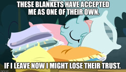 Size: 870x499 | Tagged: safe, edit, edited screencap, screencap, character:ocellus, species:changeling, species:reformed changeling, episode:school daze, g4, my little pony: friendship is magic, bed bug, blanket, cart, cozy, cute, diaocelles, eyes closed, female, image macro, meme, pillow, smiling, solo, that changeling sure does love pillows