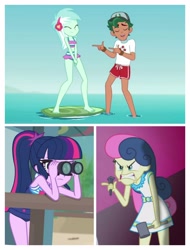 Size: 3106x4096 | Tagged: safe, edit, edited screencap, screencap, character:bon bon, character:lyra heartstrings, character:sweetie drops, character:timber spruce, character:twilight sparkle, character:twilight sparkle (scitwi), species:eqg human, ship:lyrabon, ship:timbertwi, episode:all's fair in love & friendship games, episode:turf war, episode:unsolved selfie mysteries, g4, my little pony: equestria girls, my little pony:equestria girls, angry, bon bon is not amused, clothing, female, lesbian, lifeguard timber, male, shipping, straight, swimsuit, unamused