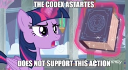 Size: 870x477 | Tagged: safe, edit, edited screencap, screencap, character:twilight sparkle, character:twilight sparkle (alicorn), species:alicorn, species:pony, episode:school daze, g4, my little pony: friendship is magic, codex astartes, discovery family logo, eea rulebook, eea seal, female, frown, image macro, leandros, levitation, lidded eyes, magic, mare, meme, open mouth, solo, space marine, telekinesis, ultramarine, unsupported action, warhammer (game), warhammer 40k