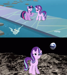 Size: 1920x2160 | Tagged: safe, edit, edited screencap, screencap, character:starlight glimmer, character:twilight sparkle, character:twilight sparkle (alicorn), species:alicorn, species:pony, species:unicorn, episode:school daze, g4, my little pony: friendship is magic, banishment, book, book abuse, bookhorse, discovery family logo, earth, eea rulebook, moon, punishment, sad, sadlight glimmer, this will end in tears and/or a journey to the moon, thug, to the moon