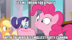 Size: 960x540 | Tagged: safe, edit, screencap, character:applejack, character:pinkie pie, character:rarity, episode:school daze, g4, my little pony: friendship is magic, image macro, meme, party cannon, the world's smallest party cannon
