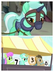 Size: 3106x4096 | Tagged: safe, edit, edited screencap, screencap, character:doctor whooves, character:lyra heartstrings, character:merry may, character:time turner, species:pony, species:unicorn, episode:leap of faith, g4, my little pony: friendship is magic, my little pony: the movie (2017), abuse, exploitable meme, lyra's score, lyrabuse, magic, magic suppression, meme, muzzle, slave, slavery