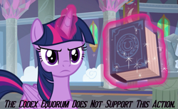 Size: 1179x720 | Tagged: safe, edit, edited screencap, screencap, character:twilight sparkle, character:twilight sparkle (alicorn), species:alicorn, species:pony, episode:school daze, g4, my little pony: friendship is magic, angry, book, celestia is my spiritual liege, codex astartes, disapproval, eea rulebook, female, frown, glare, image macro, levitation, looking at you, magic, mare, meme, raised hoof, solo, telekinesis, ultramarine, unsupported action, warhammer (game), warhammer 40k