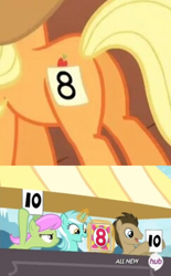 Size: 484x780 | Tagged: safe, edit, edited screencap, screencap, character:applejack, character:doctor whooves, character:lyra heartstrings, character:merry may, character:time turner, species:earth pony, species:pony, species:unicorn, episode:fall weather friends, episode:leap of faith, g4, my little pony: friendship is magic, 8, clothing, cowboy hat, exploitable meme, female, glowing horn, hat, hoof hold, lyra's score, magic, male, mare, meme, plot, stallion, telekinesis, the stanley parable