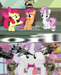 Size: 852x1052 | Tagged: safe, edit, edited screencap, screencap, character:apple bloom, character:scootaloo, character:sweetie belle, species:pegasus, species:pony, episode:for whom the sweetie belle toils, cutie mark crusaders, female, filly, meme, oil, usa invade for oil, wat