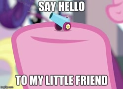 Size: 523x376 | Tagged: safe, edit, edited screencap, screencap, character:applejack, character:pinkie pie, character:rarity, species:pony, episode:school daze, g4, my little pony: friendship is magic, ambiguous gender, cropped, hooves, image macro, meme, miniaturized, party cannon, say hello to my little friend, scarface, solo, the world's smallest party cannon, watermark