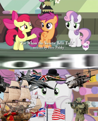 Size: 852x1052 | Tagged: safe, edit, edited screencap, screencap, character:apple bloom, character:scootaloo, character:sweetie belle, species:pegasus, species:pony, episode:for whom the sweetie belle toils, 18th century, british, cutie mark crusaders, flag, flintlock, meme, oil, oil for the queen, ship, usa invade for oil, wat