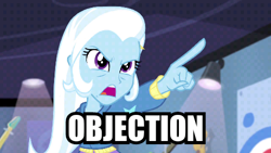 Size: 500x281 | Tagged: safe, edit, edited screencap, screencap, character:trixie, episode:guitar centered, g4, my little pony: equestria girls, my little pony:equestria girls, ace attorney, exploitable meme, female, frown, glare, meme, objection, open mouth, phoenix wright, pointing, solo, text