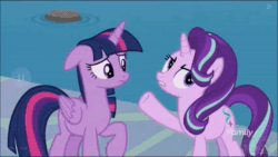 Size: 854x480 | Tagged: safe, edit, edited screencap, screencap, character:starlight glimmer, character:twilight sparkle, character:twilight sparkle (alicorn), species:alicorn, species:pony, episode:school daze, g4, my little pony: friendship is magic, animated, book, eea rulebook, floppy ears, sound, the lonely island, threw it on the ground (the lonely island), water, webm