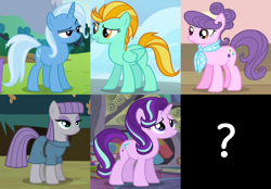 Size: 2202x1536 | Tagged: safe, edit, edited screencap, screencap, character:lightning dust, character:maud pie, character:starlight glimmer, character:suri polomare, character:trixie, species:earth pony, species:pegasus, species:pony, species:unicorn, episode:maud pie, episode:no second prances, episode:rarity takes manehattan, episode:the crystalling, episode:wonderbolts academy, g4, my little pony: friendship is magic, alternate mane six, cropped, female, mare, question mark, redeemer, reformed