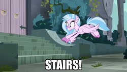Size: 1920x1080 | Tagged: safe, edit, edited screencap, screencap, character:silverstream, species:classical hippogriff, species:hippogriff, episode:school daze, g4, my little pony: friendship is magic, castle of the royal pony sisters, cute, diastreamies, excited, jewelry, necklace, pointing, stairs, that hippogriff sure does love stairs