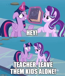 Size: 500x581 | Tagged: safe, edit, edited screencap, screencap, character:starlight glimmer, character:twilight sparkle, character:twilight sparkle (alicorn), species:alicorn, species:pony, episode:school daze, g4, my little pony: friendship is magic, book, book abuse, caption, discovery family logo, eea rulebook, image macro, impact font, pink floyd, song reference, the wall, thug