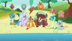 Size: 1920x1080 | Tagged: safe, edit, edited screencap, screencap, character:gallus, character:ocellus, character:sandbar, character:silverstream, character:smolder, character:yona, species:changeling, species:classical hippogriff, species:dragon, species:earth pony, species:griffon, species:hippogriff, species:pony, species:reformed changeling, species:yak, episode:school daze, g4, my little pony: friendship is magic, cloven hooves, element of generosity, element of honesty, element of kindness, element of laughter, element of loyalty, element of magic, elements of harmony, female, group, male, stallion, student six