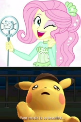 Size: 1440x2160 | Tagged: safe, edit, edited screencap, screencap, character:fluttershy, episode:so much more to me, g4, my little pony: equestria girls, my little pony:equestria girls, crossover, detective pikachu, meme, pikachu, pokémon