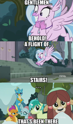 Size: 852x1440 | Tagged: safe, edit, edited screencap, screencap, character:gallus, character:ocellus, character:sandbar, character:silverstream, character:smolder, character:yona, species:changeling, species:classical hippogriff, species:dragon, species:earth pony, species:griffon, species:hippogriff, species:pony, species:reformed changeling, species:yak, episode:school daze, g4, my little pony: friendship is magic, aqua teen hunger force, doctor weird, image macro, meme, student six, that hippogriff sure does love stairs