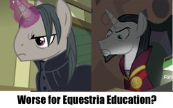 Size: 800x502 | Tagged: safe, edit, edited screencap, screencap, character:chancellor neighsay, episode:a hearth's warming tail, episode:school daze, g4, my little pony: friendship is magic, discovery family logo, professor flintheart