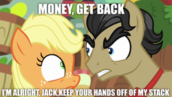 Size: 1280x720 | Tagged: safe, edit, edited screencap, screencap, character:applejack, character:filthy rich, species:pony, episode:where the apple lies, g4, my little pony: friendship is magic, angry, lyrics, meme, money, pink floyd, song reference, teenage applejack, teenager, text