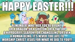 Size: 1920x1080 | Tagged: safe, edit, edited screencap, screencap, character:gallus, character:ocellus, character:sandbar, character:silverstream, character:smolder, character:yona, episode:school daze, g4, my little pony: friendship is magic, christianity, easter, fun, happy easter, holiday, image macro, jesus christ, op is a duck, op is trying to start shit, religion, religious focus, religious headcanon, student six