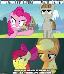 Size: 500x577 | Tagged: safe, edit, edited screencap, screencap, character:apple bloom, character:applejack, character:mudbriar, character:pinkie pie, species:earth pony, species:pony, episode:the maud couple, g4, my little pony: friendship is magic, caption, female, filly, image macro, mare, meme