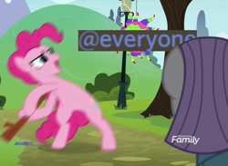 Size: 1472x1080 | Tagged: safe, edit, edited screencap, screencap, character:maud pie, character:pinkie pie, episode:the maud couple, g4, my little pony: friendship is magic, @everyone, discord (software), discovery family logo, meme, motion blur, paint.net, stick, stick abuse, tree
