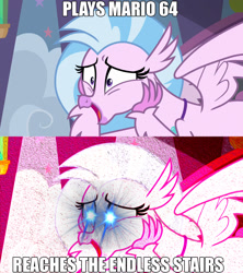 Size: 1280x1440 | Tagged: safe, edit, edited screencap, screencap, character:silverstream, episode:school daze, g4, my little pony: friendship is magic, eye glow, eyestrain warning, image macro, meme, needs more saturation, reference, super mario 64, super mario bros., that hippogriff sure does love stairs