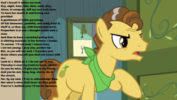 Size: 1280x720 | Tagged: safe, edit, edited screencap, screencap, character:grand pear, species:earth pony, species:pony, episode:the perfect pear, g4, my little pony: friendship is magic, angry, bandana, door, hallway, implied pear butter, male, open mouth, raised hoof, romeo and juliet, season 7, shakespeare, solo, stallion, text, young grand pear, younger