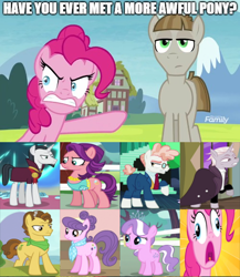 Size: 500x577 | Tagged: safe, edit, edited screencap, screencap, character:chancellor neighsay, character:diamond tiara, character:grand pear, character:mudbriar, character:pinkie pie, character:spoiled rich, character:suri polomare, character:svengallop, character:zesty gourmand, episode:crusaders of the lost mark, episode:rarity takes manehattan, episode:school daze, episode:spice up your life, episode:the mane attraction, episode:the maud couple, episode:the perfect pear, g4, my little pony: friendship is magic, op has a point, op is a duck, op is trying to start shit, op started shit, somewhat false