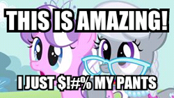 Size: 284x160 | Tagged: safe, edit, edited screencap, screencap, character:diamond tiara, character:silver spoon, species:earth pony, species:pony, episode:flight to the finish, g4, my little pony: friendship is magic, duo, female, filly, image macro, meme, open mouth, smosh, vulgar