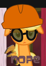Size: 500x720 | Tagged: safe, edit, edited screencap, screencap, character:applejack, episode:party of one, g4, my little pony: friendship is magic, crossover, engiejack, engineer, female, floppy ears, image macro, long neck, meme, nope.avi, solo, team fortress 2