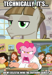 Size: 540x766 | Tagged: safe, edit, edited screencap, screencap, character:mudbriar, character:pinkie pie, species:earth pony, species:pony, episode:the maud couple, g4, my little pony: friendship is magic, caption, comic, family guy, female, image macro, impact font, male, mare, meme, oh my celestia, peter griffin, screencap comic, stallion, technically, text