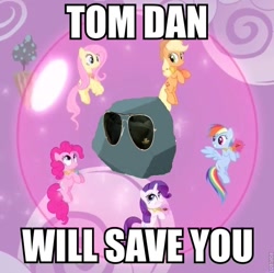 Size: 678x676 | Tagged: safe, edit, edited screencap, screencap, character:applejack, character:fluttershy, character:pinkie pie, character:rainbow dash, character:rarity, character:tom, episode:the return of harmony, g4, my little pony: friendship is magic, glasses, image macro, meme