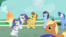 Size: 768x432 | Tagged: safe, edit, edited screencap, screencap, character:blues, character:caramel, character:lucky clover, character:meadow song, character:noteworthy, character:opalescence, character:rarity, episode:the best night ever, g4, my little pony: friendship is magic, cyclops, donny swineclop, special eyes