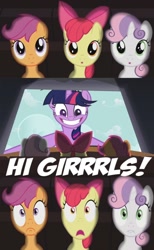 Size: 798x1292 | Tagged: safe, edit, edited screencap, screencap, character:apple bloom, character:scootaloo, character:sweetie belle, character:twilight sparkle, species:earth pony, species:pegasus, species:pony, species:unicorn, episode:one bad apple, g4, my little pony: friendship is magic, caption, cutie mark crusaders, exploitable meme, female, filly, foal, hi girls, mare, meme, post traumatic stress disorder, ptsd, theater meme, twilight snapple