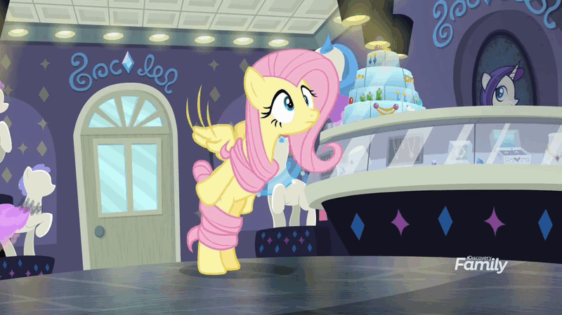 Size: 800x449 | Tagged: safe, edit, edited screencap, screencap, character:fluttershy, species:pegasus, species:pony, episode:fake it 'til you make it, animated, bipedal, cute, dancing, discovery family logo, everything is fixed, female, gif, mare, reversed, shyabetes, smiling, solo, spin, spread wings, wide eyes, wings, wrapped up