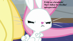 Size: 1280x720 | Tagged: safe, edit, edited screencap, screencap, character:angel bunny, character:fluttershy, episode:school daze, g4, my little pony: friendship is magic, implied ocellus, lapine, text, watership down