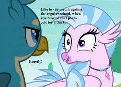 Size: 1008x720 | Tagged: safe, edit, edited screencap, screencap, character:gallus, character:silverstream, species:griffon, species:hippogriff, episode:school daze, g4, my little pony: friendship is magic, cricket, cropped, jewelry, necklace, sports, text